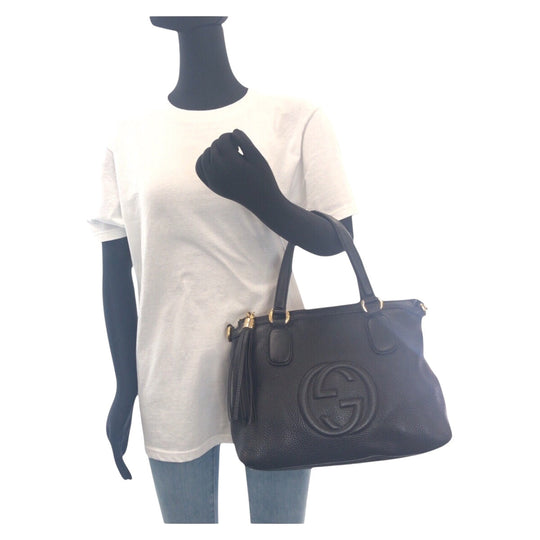 GUCCI Tote Bag 308386 leather Black GoldMetal Tote Bag handbag Soho Women Used Authentic