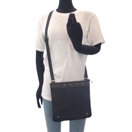 GUCCI Shoulder Bag 120893 GG canvas, leather Black GoldMetal Crossbody Shoulder Bag with studs Women Used Authentic