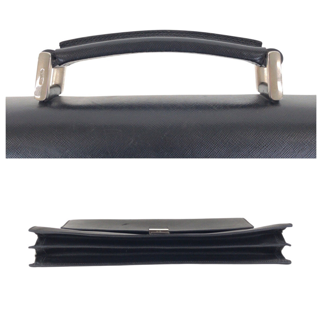 PRADA Business bag leather Black SilverMetal Business bag briefcase Safiano mens Used Authentic