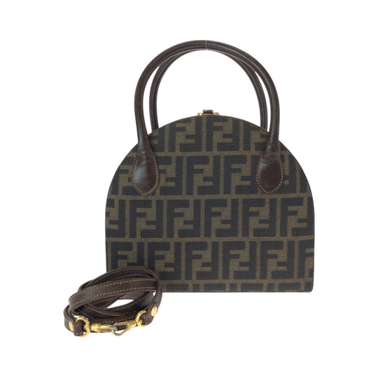 FENDI Handbag Canvas, Leather Brown Gold Metal Shoulder Bag Handbag 2way Zucca Pattern Women Used Authentic