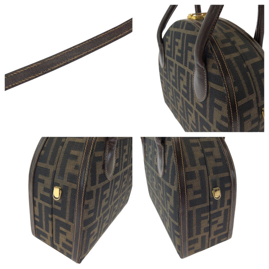 FENDI Handbag Canvas, Leather Brown Gold Metal Shoulder Bag Handbag 2way Zucca Pattern Women Used Authentic
