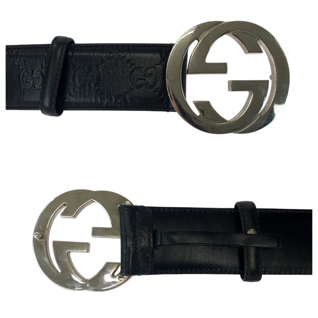 GUCCI belt 114984 leather black Belt buckle Gucci Shima interlocking mens 34 Used Authentic