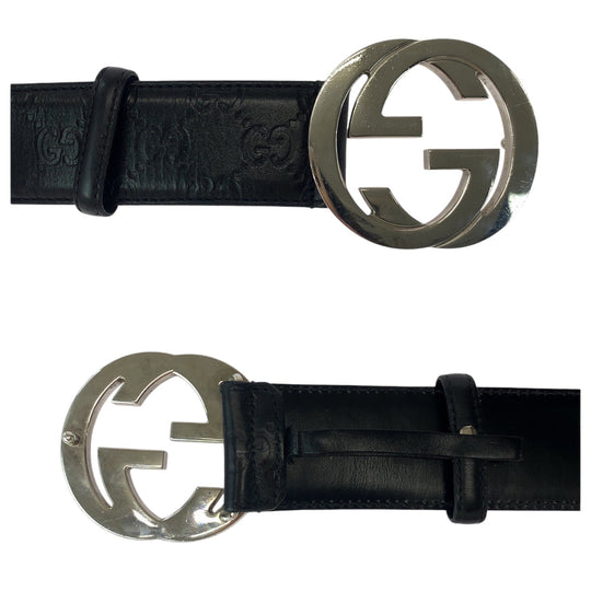 GUCCI belt 114984 leather black Belt buckle Gucci Shima interlocking mens 34 Used Authentic
