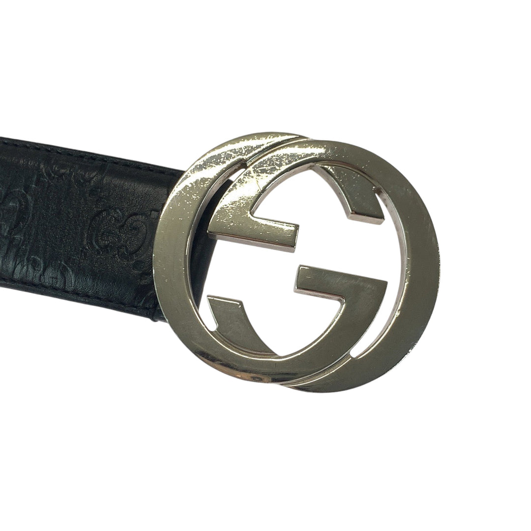 GUCCI belt 114984 leather black Belt buckle Gucci Shima interlocking mens 34 Used Authentic