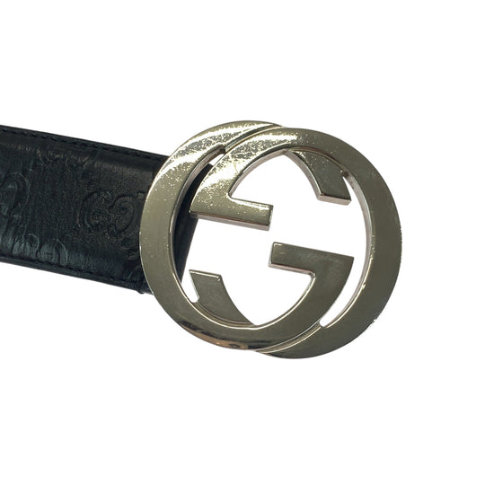 GUCCI belt 114984 leather black Belt buckle Gucci Shima interlocking mens 34 Used Authentic