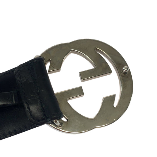 GUCCI belt 114984 leather black Belt buckle Gucci Shima interlocking mens 34 Used Authentic