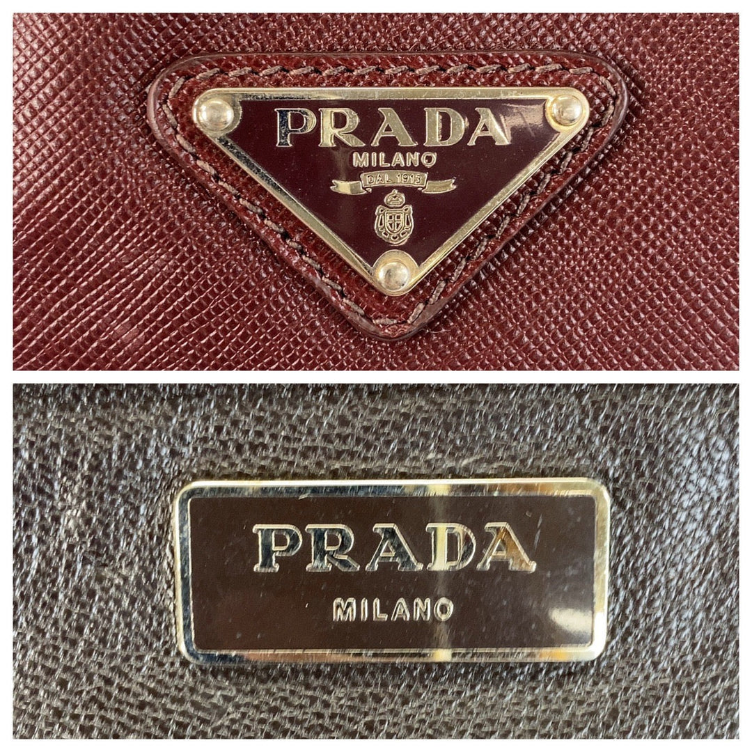 PRADA Boston Duffel bag leather Wine Red SilverMetal Boston Duffel bag Business bag Safiano Triangle With logo mens Used Authentic