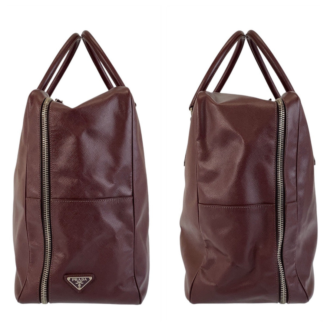 PRADA Boston Duffel bag leather Wine Red SilverMetal Boston Duffel bag Business bag Safiano Triangle With logo mens Used Authentic