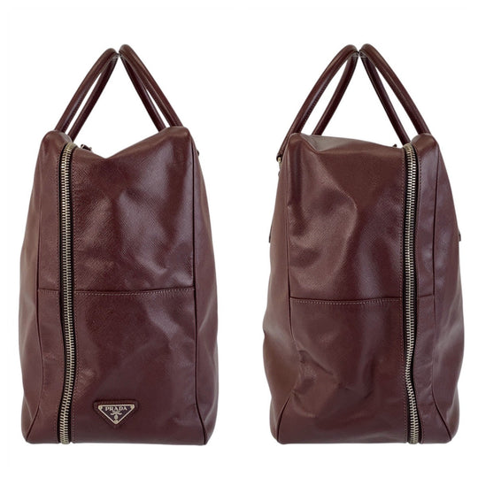 PRADA Boston Duffel bag leather Wine Red SilverMetal Boston Duffel bag Business bag Safiano Triangle With logo mens Used Authentic