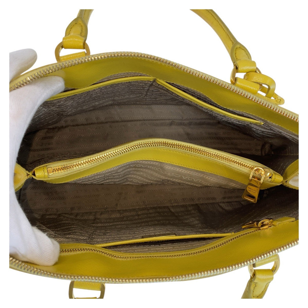 PRADA Handbag leather Yellow Gold Metal Handbag Safiano Promenade triangleWith logo Women Used Authentic