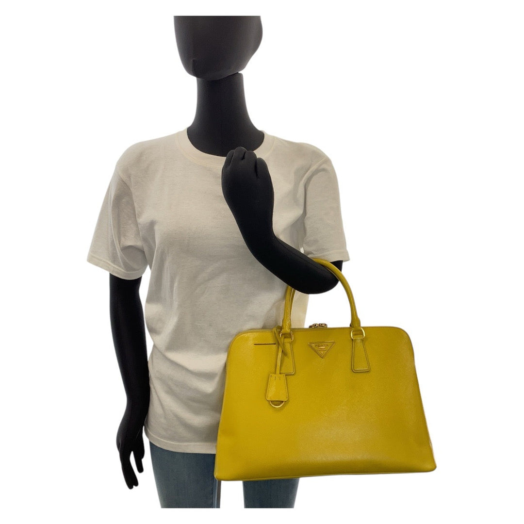 PRADA Handbag leather Yellow Gold Metal Handbag Safiano Promenade triangleWith logo Women Used Authentic
