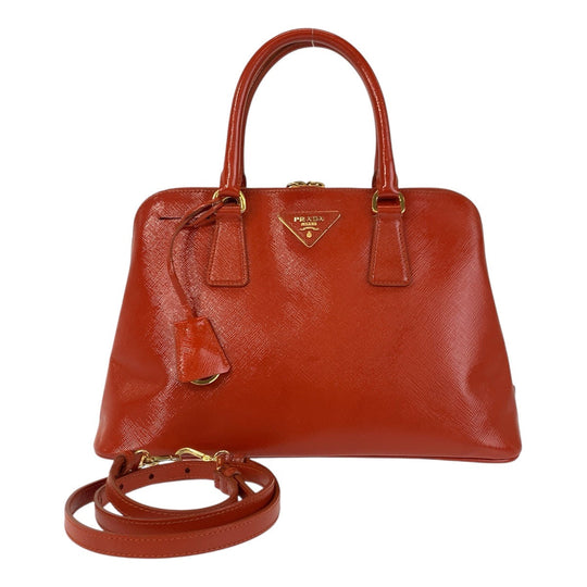 PRADA Handbag leather Orange GoldMetal Handbag Shoulder Bag 2way Safiano Triangle With logo Women Used Authentic