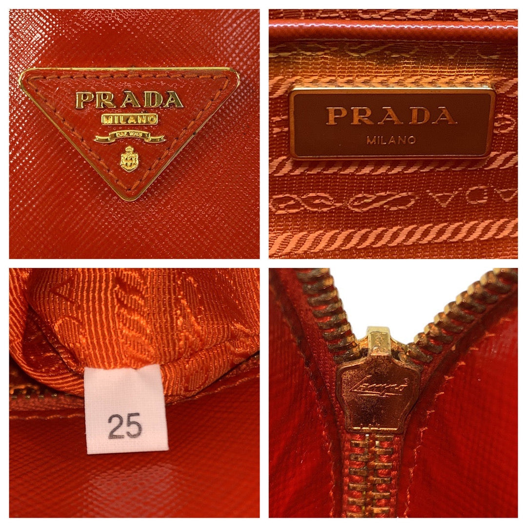 PRADA Handbag leather Orange GoldMetal Handbag Shoulder Bag 2way Safiano Triangle With logo Women Used Authentic