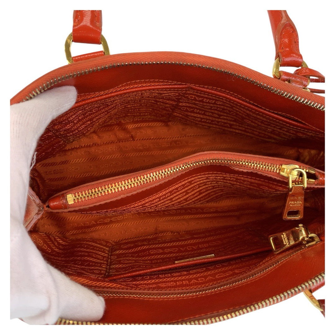 PRADA Handbag leather Orange GoldMetal Handbag Shoulder Bag 2way Safiano Triangle With logo Women Used Authentic
