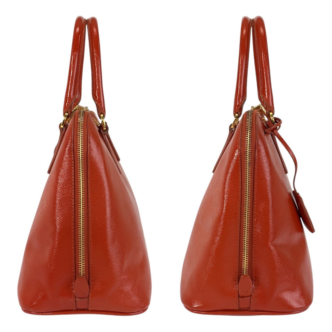 PRADA Handbag leather Orange GoldMetal Handbag Shoulder Bag 2way Safiano Triangle With logo Women Used Authentic