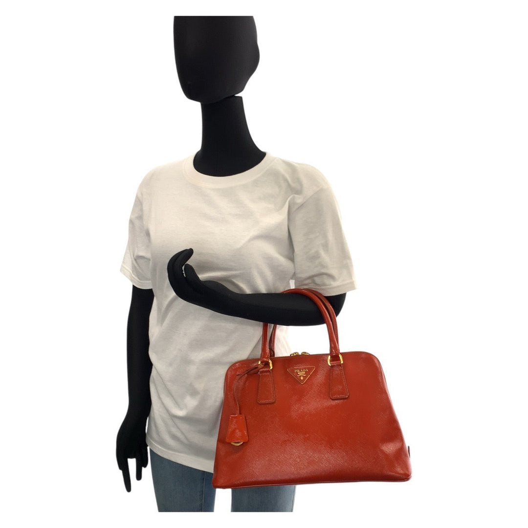 PRADA Handbag leather Orange GoldMetal Handbag Shoulder Bag 2way Safiano Triangle With logo Women Used Authentic