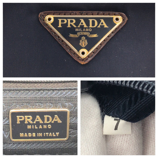 PRADA Tote Bag Nylon, Leather Navy Brown Gold Metal Tote Bag handbag Tessuto embossed Triangle With logo Women Used Authentic