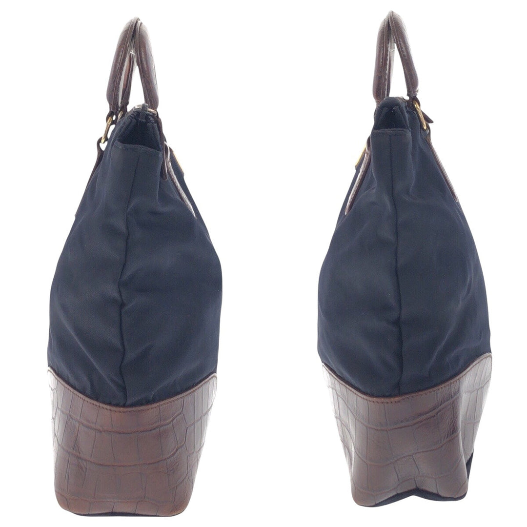 PRADA Tote Bag Nylon, Leather Navy Brown Gold Metal Tote Bag handbag Tessuto embossed Triangle With logo Women Used Authentic