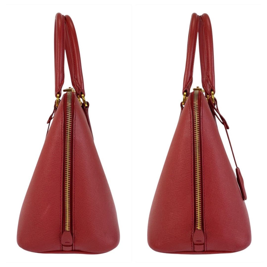 PRADA Handbag leather Red Gold Metal Handbag Safiano Promenade triangleWith logo Women Used Authentic