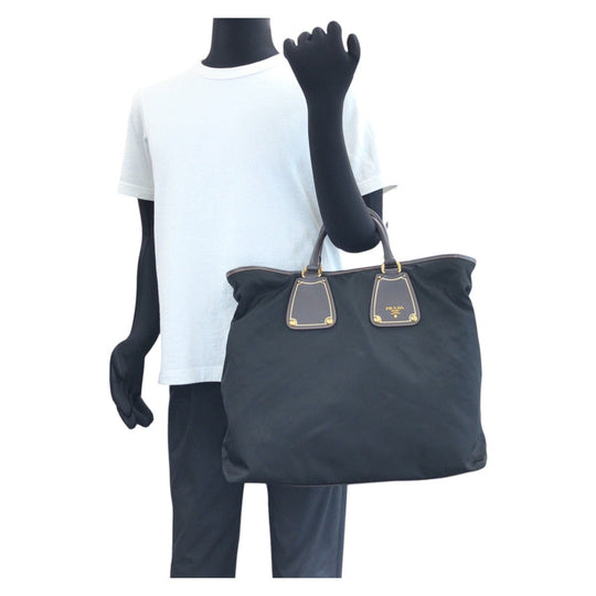 PRADA Tote Bag Nylon, Leather Black Gold Metal Tote Bag Shoulder Bag 2way Testo Saffiano mens Used Authentic