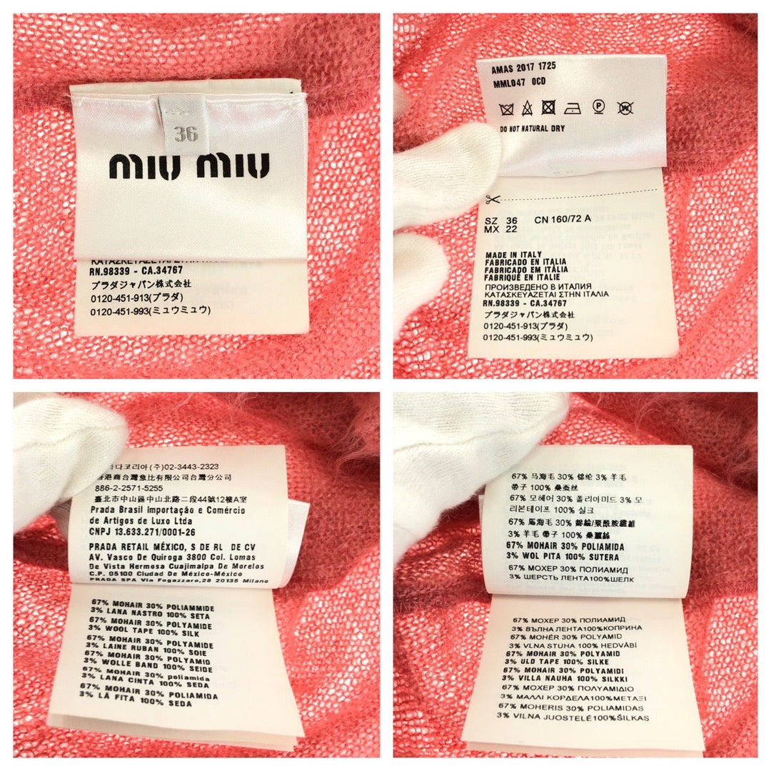MIUMIU cardigan wool Pink black Cardigan knit ribbon Women 36 Used Authentic