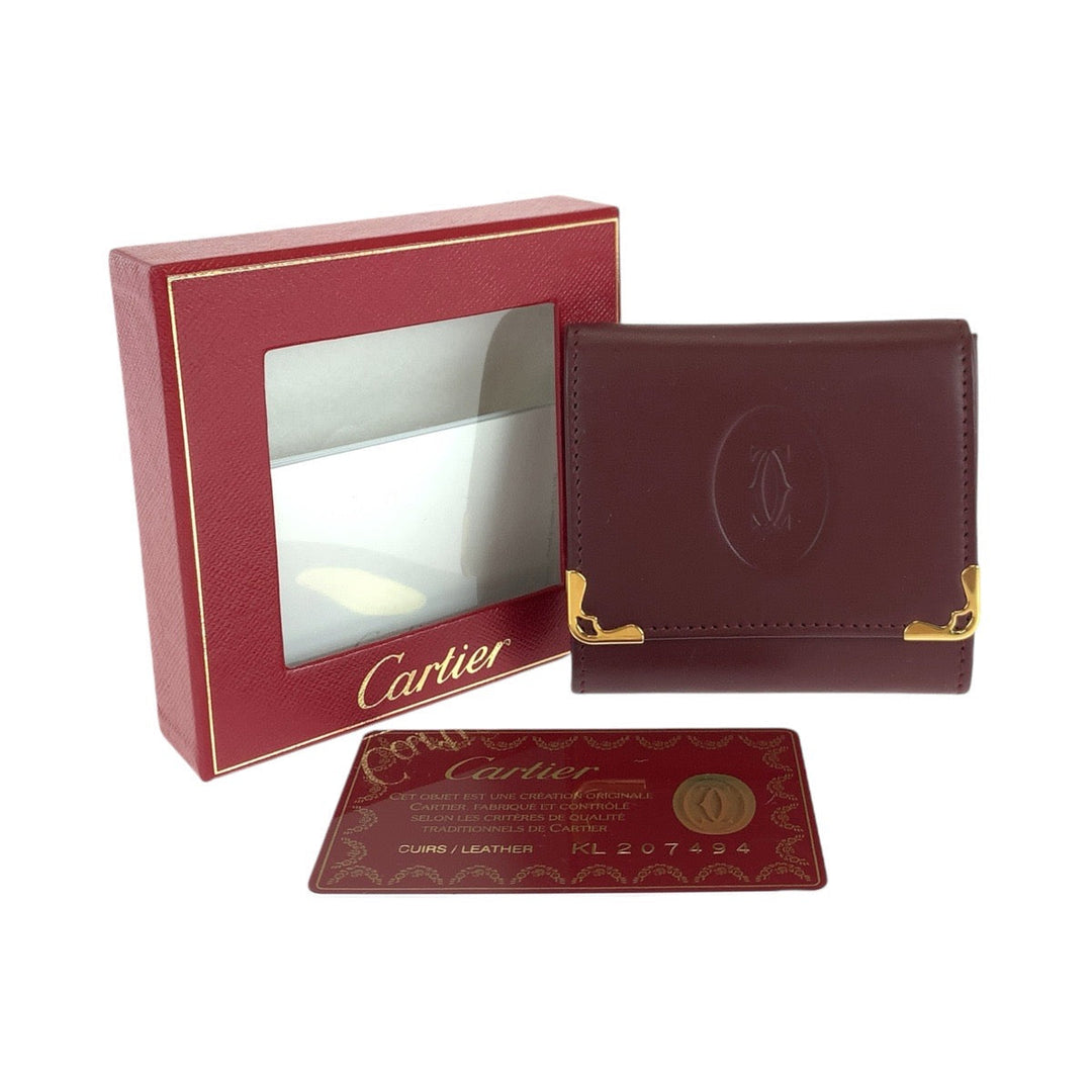 CARTIER Coin case leather Wine Red Bordeaux Coin case Coin Pocket Unisex Must Line Women Used Authentic
