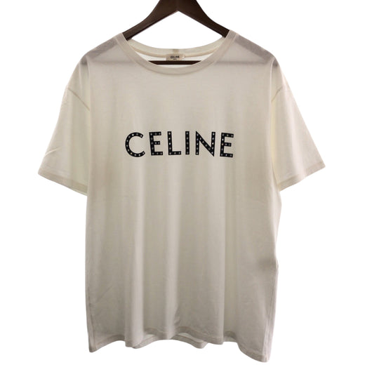 CELINE Short sleeve T-shirt 2X47F671Q cotton White black Short-sleeved T-shirt cut-and-sew logo rhinestone mens L Used Authentic