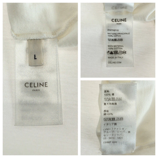 CELINE Short sleeve T-shirt 2X47F671Q cotton White black Short-sleeved T-shirt cut-and-sew logo rhinestone mens L Used Authentic