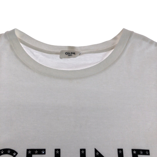CELINE Short sleeve T-shirt 2X47F671Q cotton White black Short-sleeved T-shirt cut-and-sew logo rhinestone mens L Used Authentic