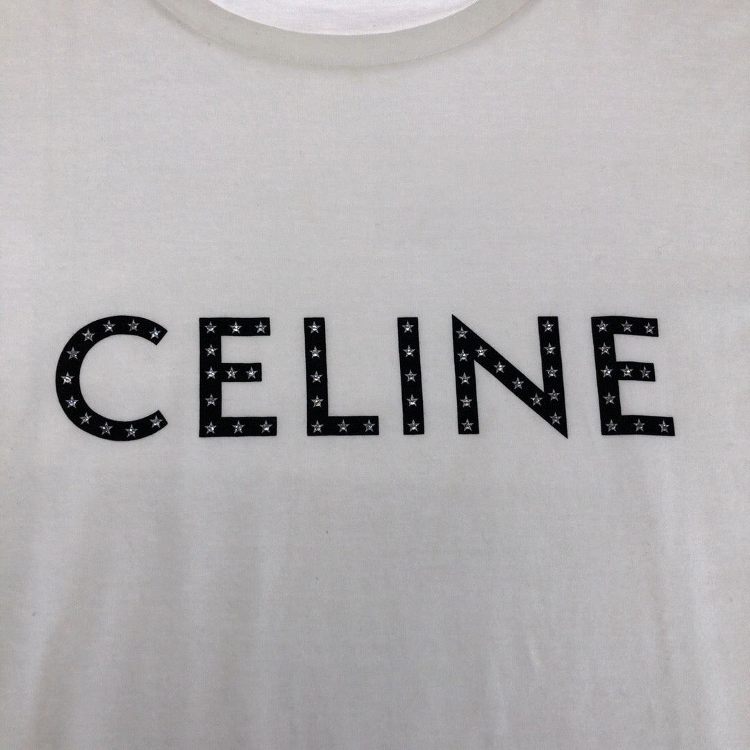 CELINE Short sleeve T-shirt 2X47F671Q cotton White black Short-sleeved T-shirt cut-and-sew logo rhinestone mens L Used Authentic