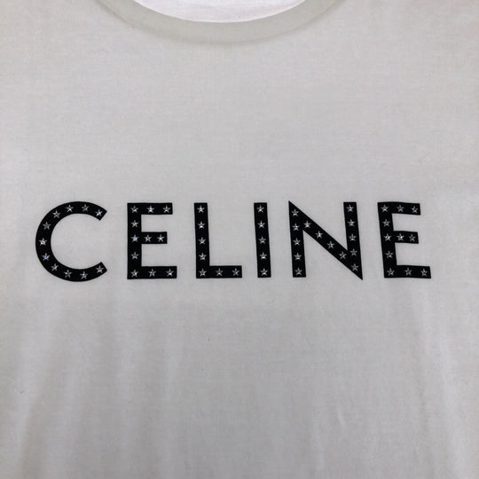 CELINE Short sleeve T-shirt 2X47F671Q cotton White black Short-sleeved T-shirt cut-and-sew logo rhinestone mens L Used Authentic