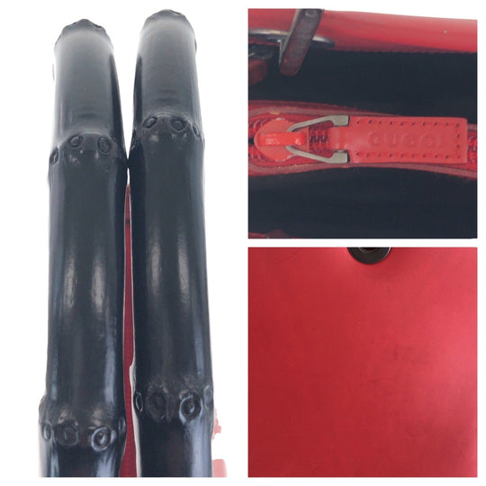 GUCCI Tote Bag 012 1016 leather Red black Tote Bag Shoulder Bag 2WAY Bamboo Women Used Authentic