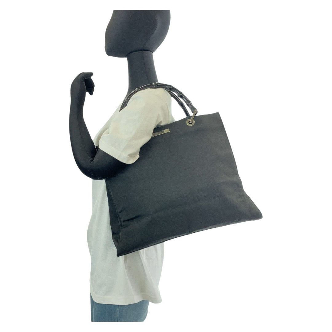 GUCCI Tote Bag 002 1010 Nylon, Bamboo Black SilverMetal Tote Bag Shoulder Bag Bamboo Women Used Authentic