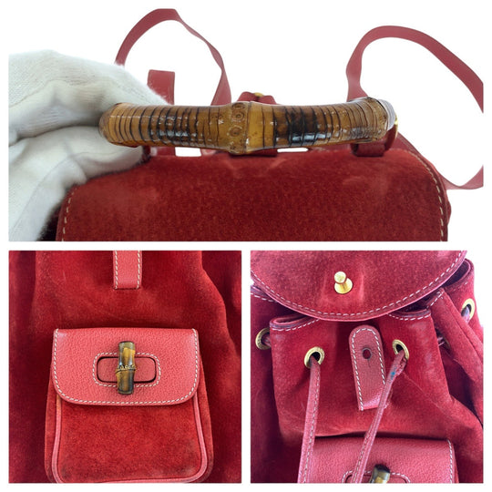 GUCCI Backpack 003 1956 0030 Suede, Leather Red Backpacks & Daypacks Backpacks Bamboo Women Used Authentic