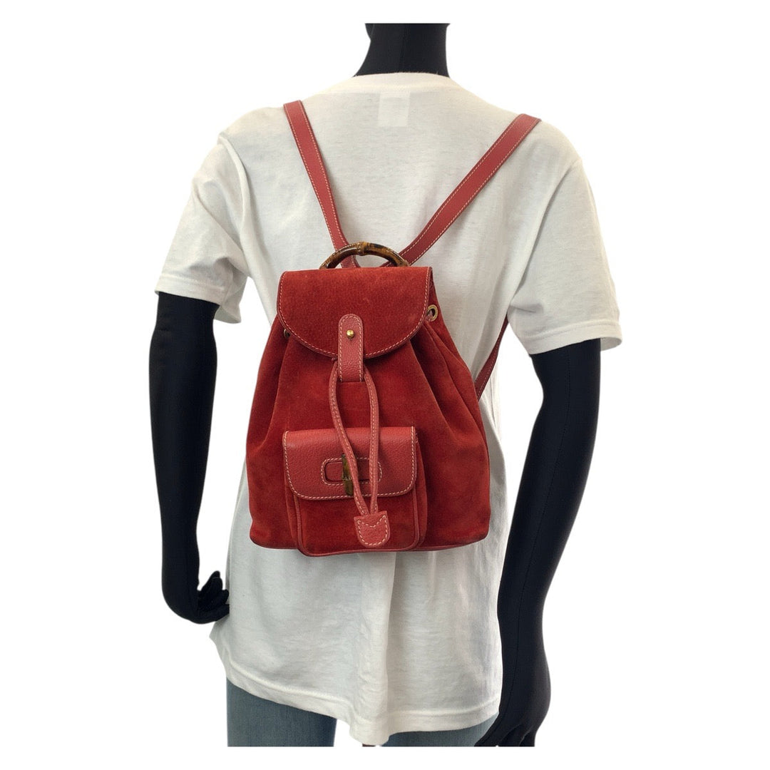 GUCCI Backpack 003 1956 0030 Suede, Leather Red Backpacks & Daypacks Backpacks Bamboo Women Used Authentic