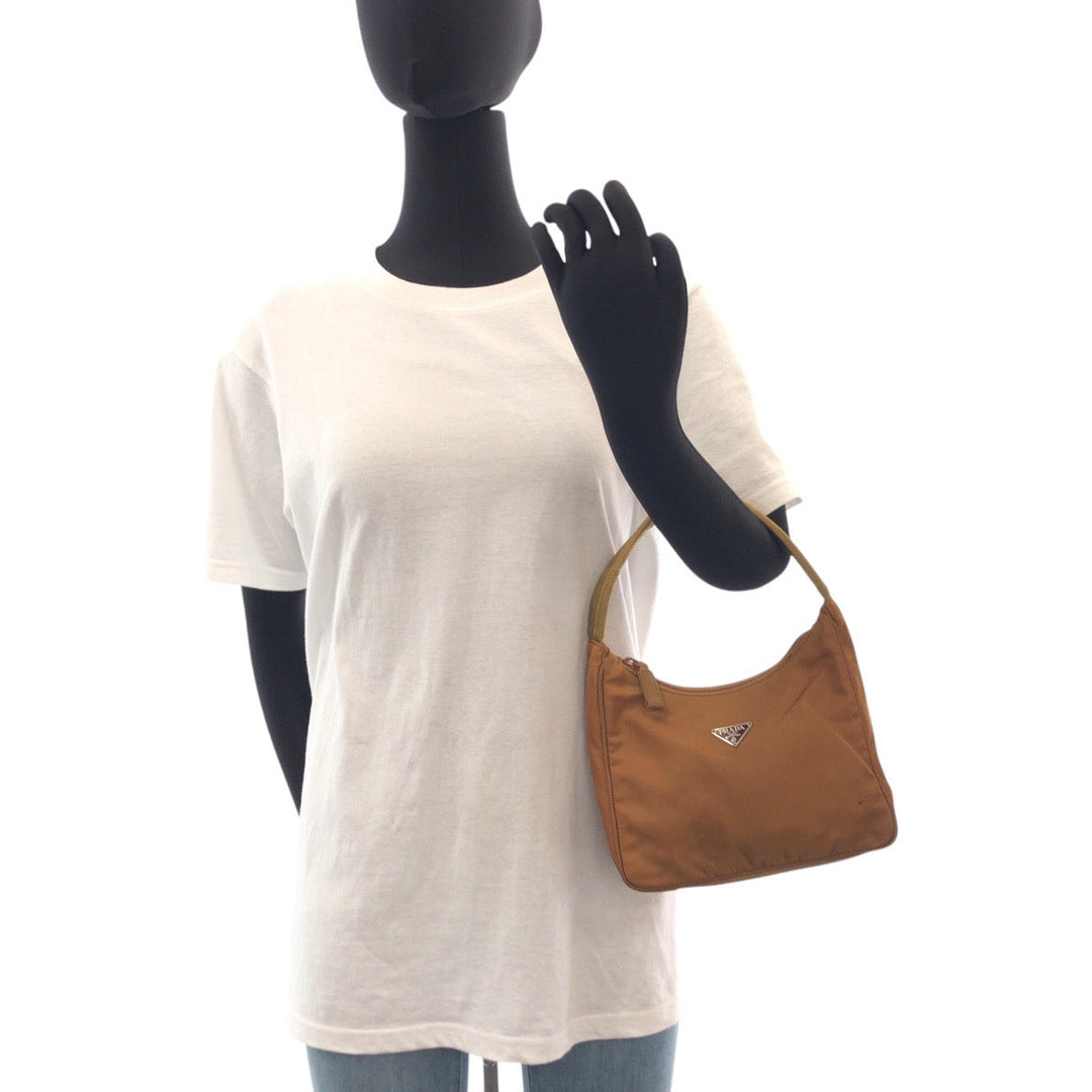 PRADA Handbag Nylon Brown Silver Metal Handbag Test Triangle With logo Women Used Authentic