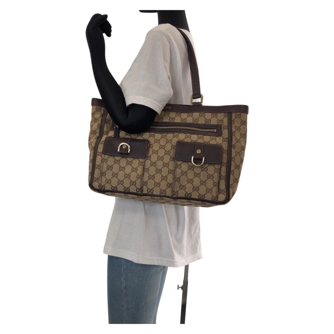 GUCCI Tote Bag 146247 GG canvas, leather Brown Gold Metal Tote Bag Shoulder Bag Abbey Women Used Authentic