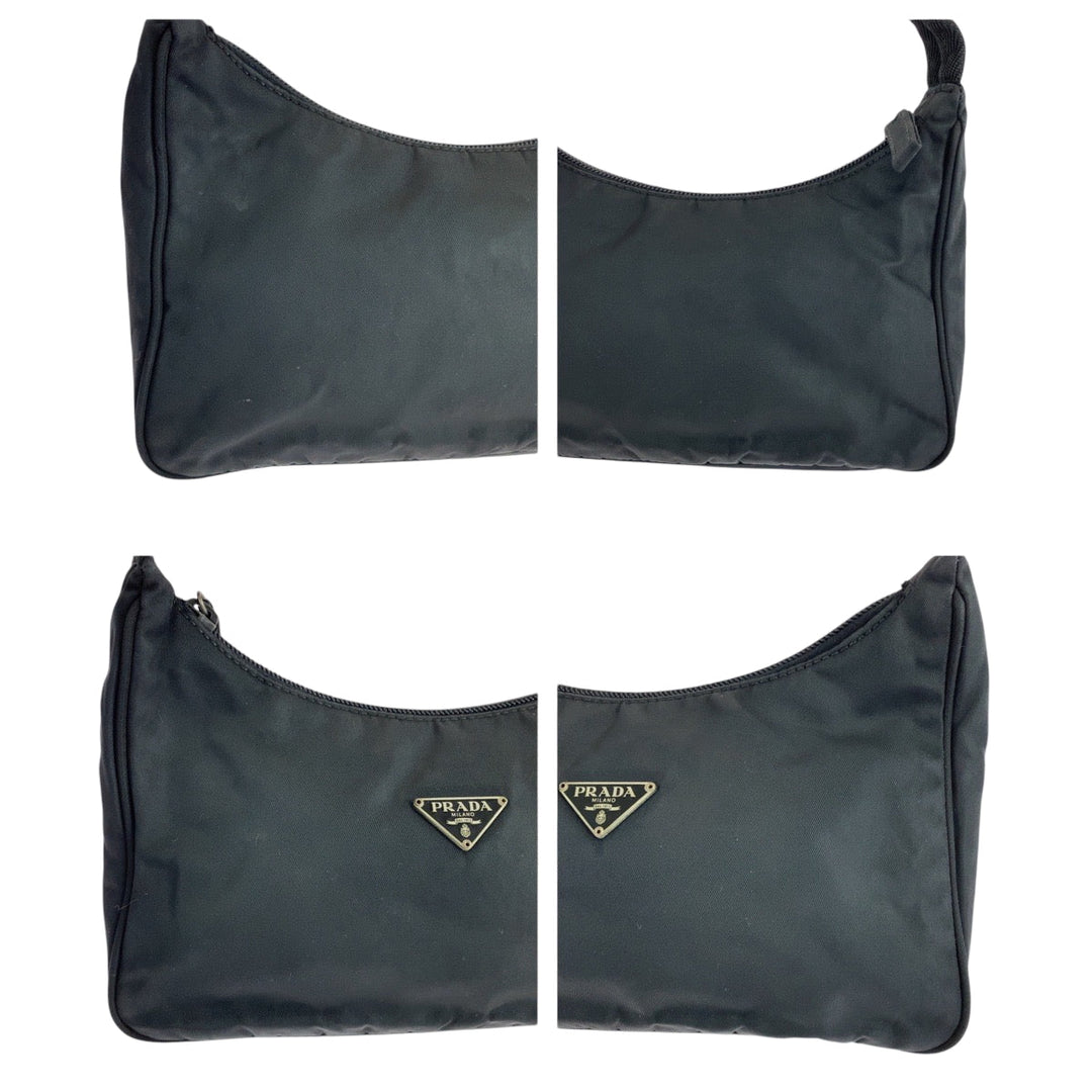 PRADA Handbag Nylon Black SilverMetal Handbag accessory pouch Tessuto Hobo Triangle With logo Women Used Authentic