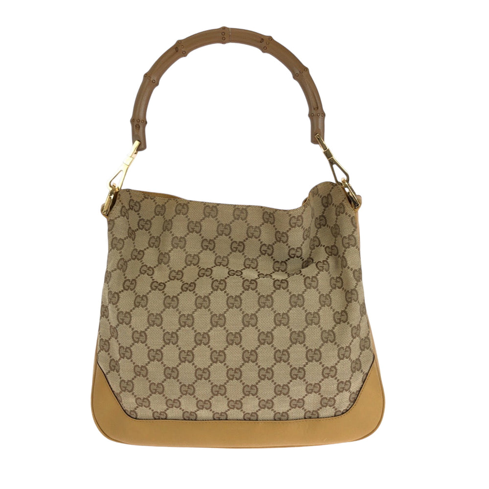 GUCCI Shoulder Bag 001 4095 GG canvas Brown Gold Metal Shoulder Bag Hobo Bamboo Women Used Authentic