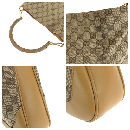 GUCCI Shoulder Bag 001 4095 GG canvas Brown Gold Metal Shoulder Bag Hobo Bamboo Women Used Authentic