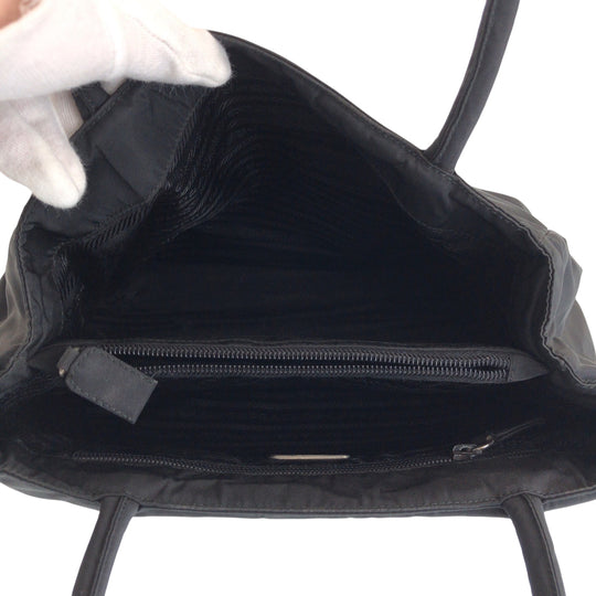 PRADA Tote Bag Nylon Black SilverMetal Tote Bag Shoulder Bag Test Triangle With logo Women Used Authentic