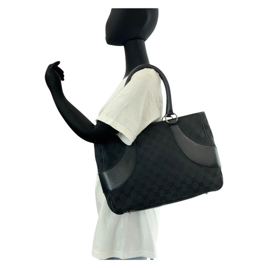 GUCCI Tote Bag 113011 GG canvas, leather Black black Tote Bag Shoulder Bag Women Used Authentic