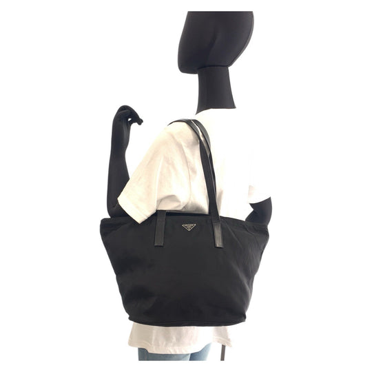 PRADA Tote Bag Nylon Black SilverMetal Tote Bag Shoulder Bag Test Triangle With logo Women Used Authentic