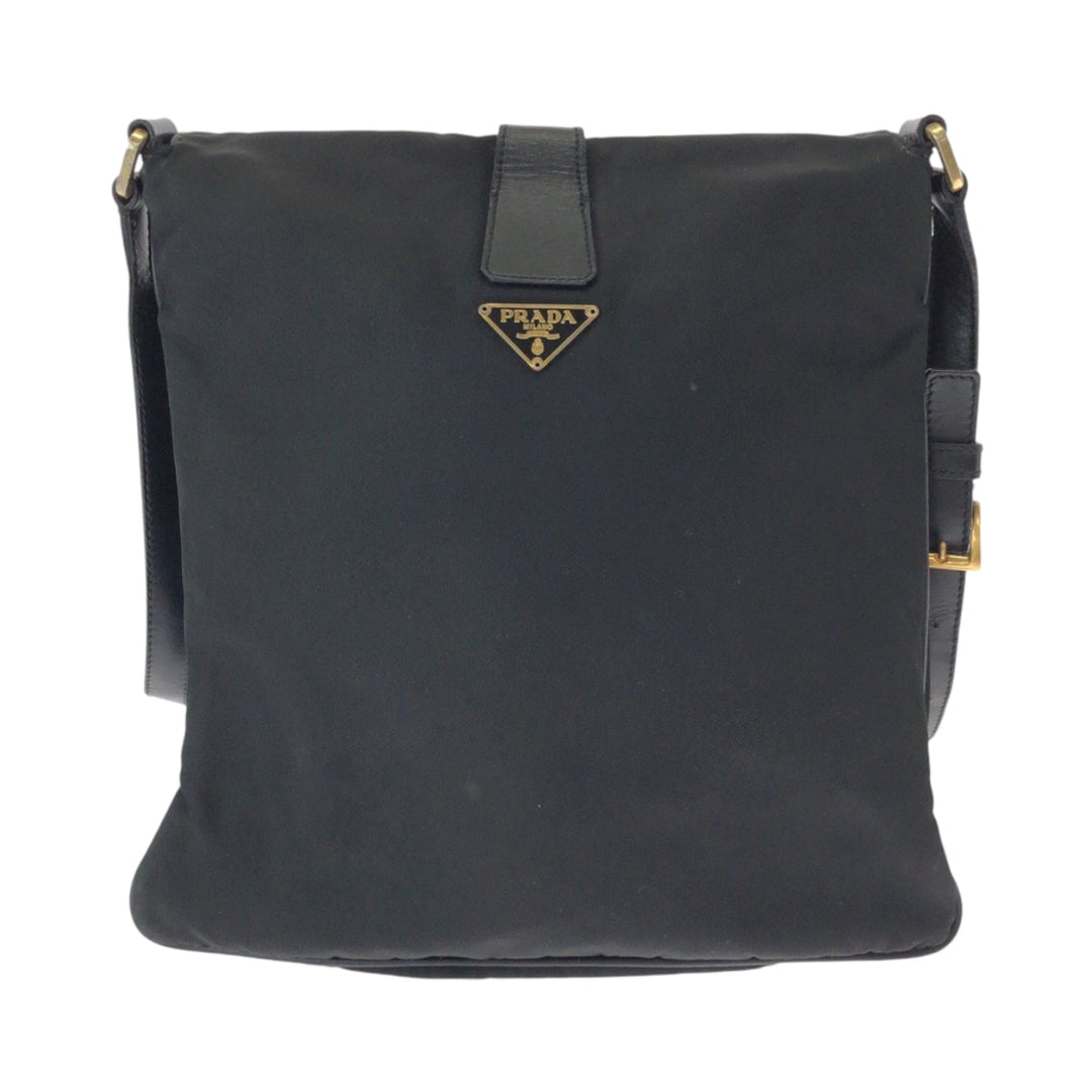 PRADA Shoulder Bag Nylon Black GoldMetal Shoulder Bag pochette Test Triangle With logo Women Used Authentic