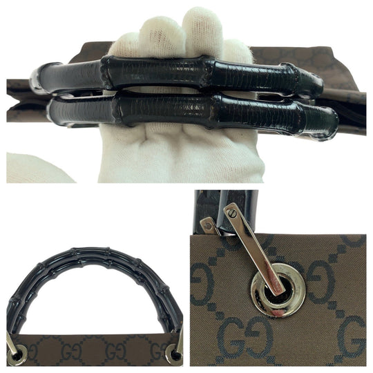 GUCCI Tote Bag 002 1010 GG canvas Brown Silver Metal Tote Bag handbag Bamboo Jumbo GG Women Used Authentic