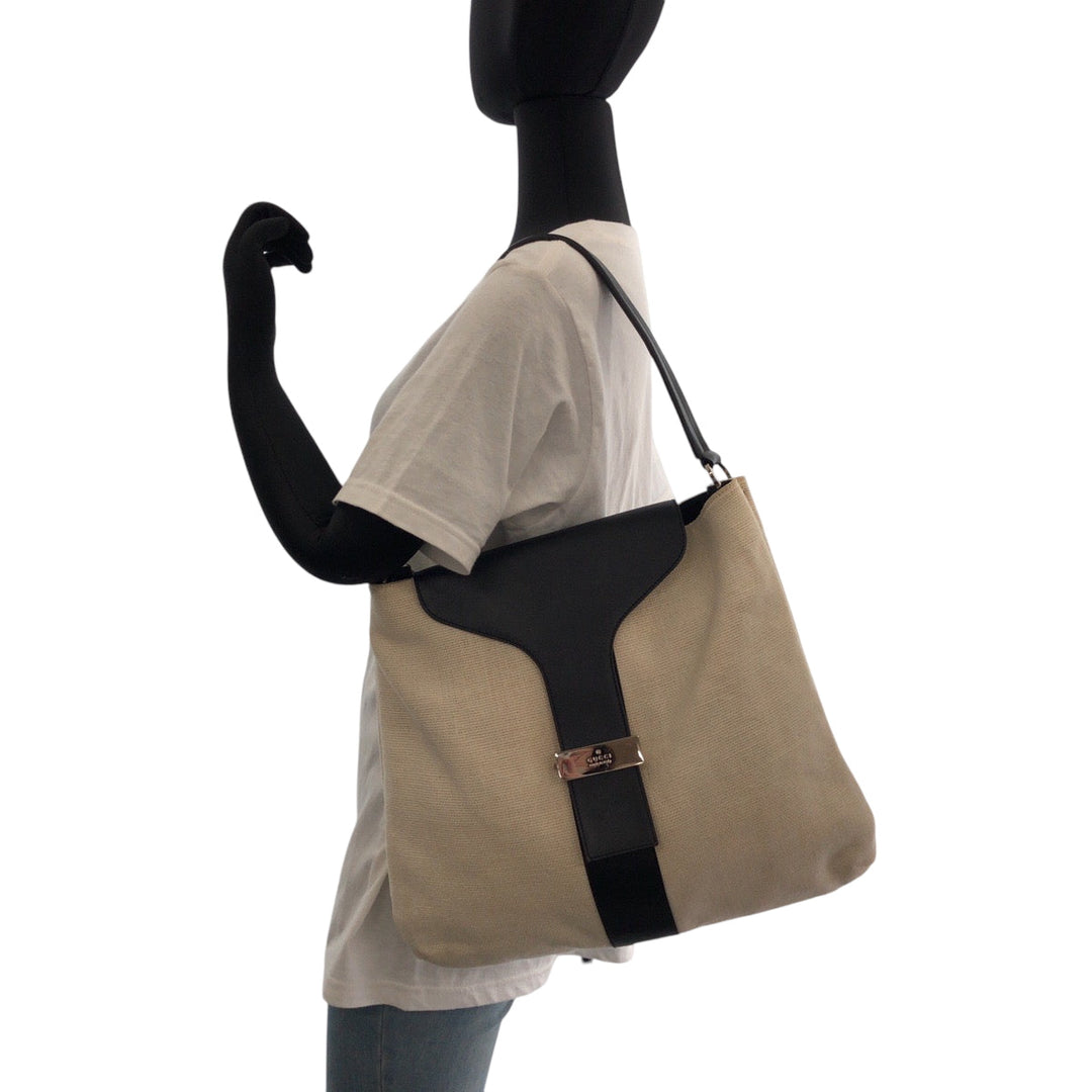 GUCCI Shoulder Bag 001 4014 001013 cotton Ivory Black SilverMetal Hobo One Shoulder Bag Women Used Authentic
