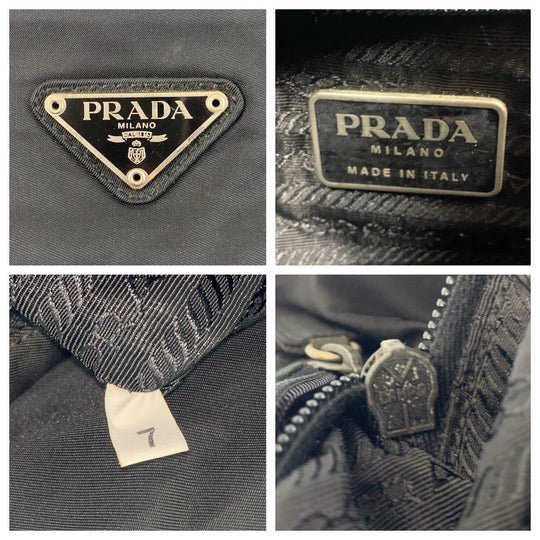 PRADA Tote Bag Nylon Black SilverMetal Tote Bag Shoulder Bag Test Triangle With logo Women Used Authentic