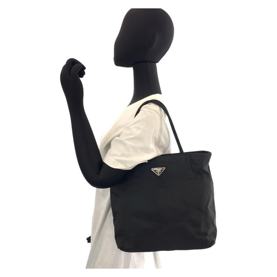 PRADA Tote Bag Nylon Black SilverMetal Tote Bag Shoulder Bag Test Triangle With logo Women Used Authentic