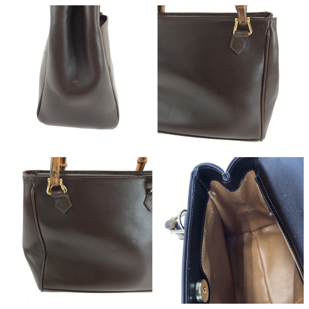 GUCCI Handbag 000 032 0015 leather Brown Gold Metal Shoulder Bag Handbag 2way Bamboo Women Used Authentic