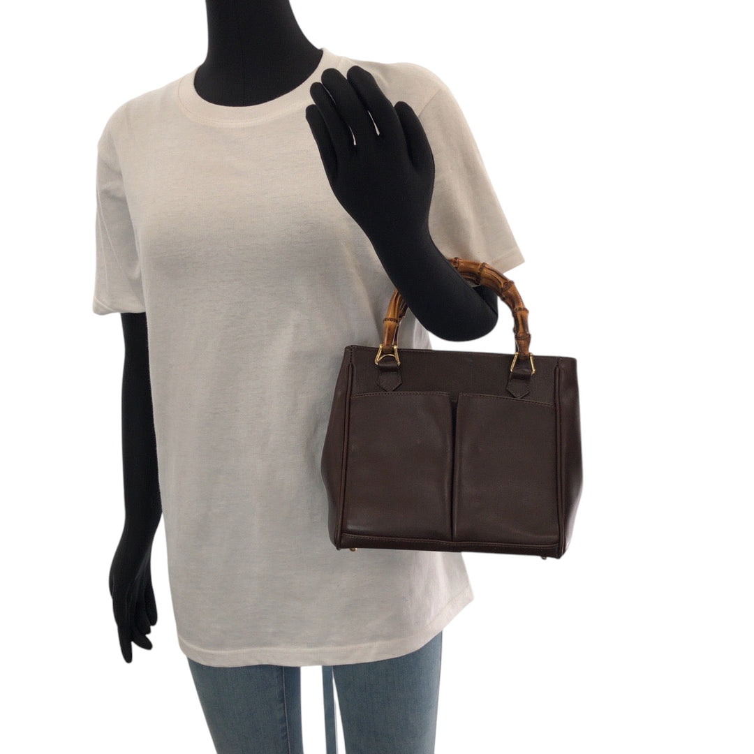 GUCCI Handbag 000 032 0015 leather Brown Gold Metal Shoulder Bag Handbag 2way Bamboo Women Used Authentic